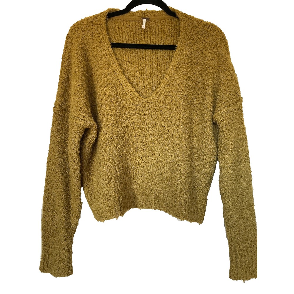 Free People Finders Keepers V Neck Long Sleeve Chunky Sweater Mustard Yellow XS